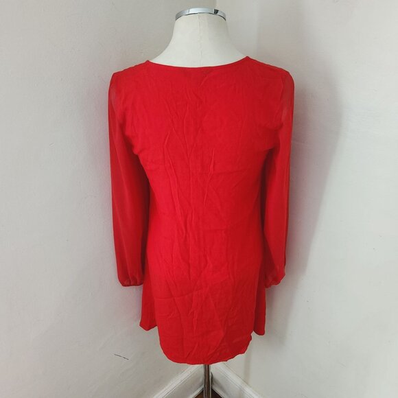Express Red V Neck Tunic Blouse Sheer Sleeves women's Size‎ XS - Picture 2 of 4